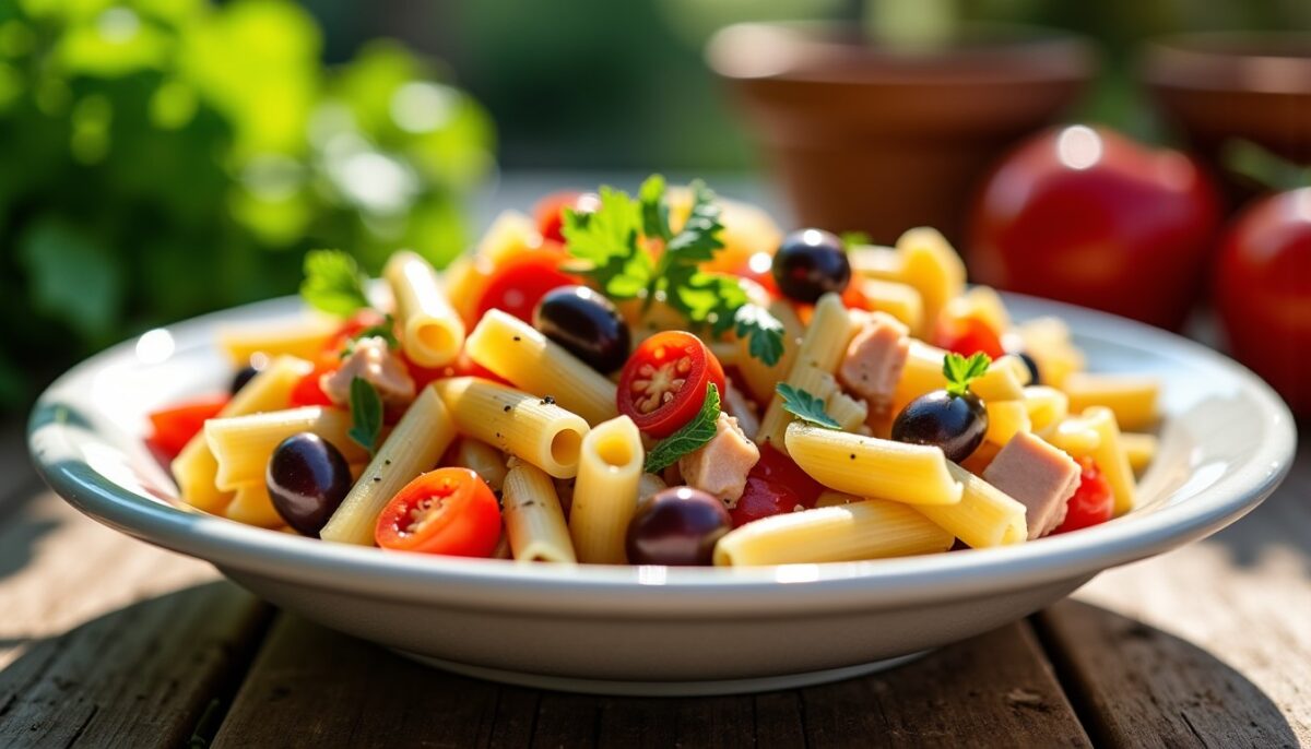 Salade de pâtes au thon et poivrons, parfum méditerranéen et couleurs éclatantes dès la première bouchée