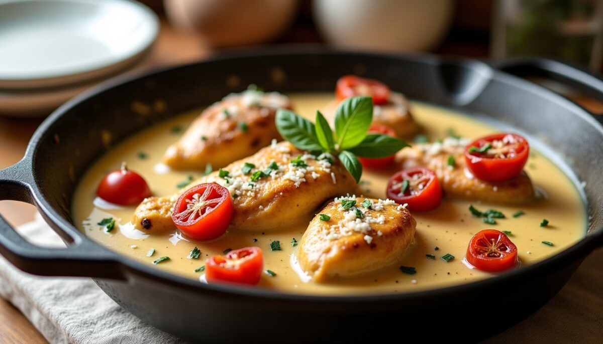 Poulet crémeux aux tomates séchées en une poêle sans vaisselle en trop, sauce parmesan onctueuse