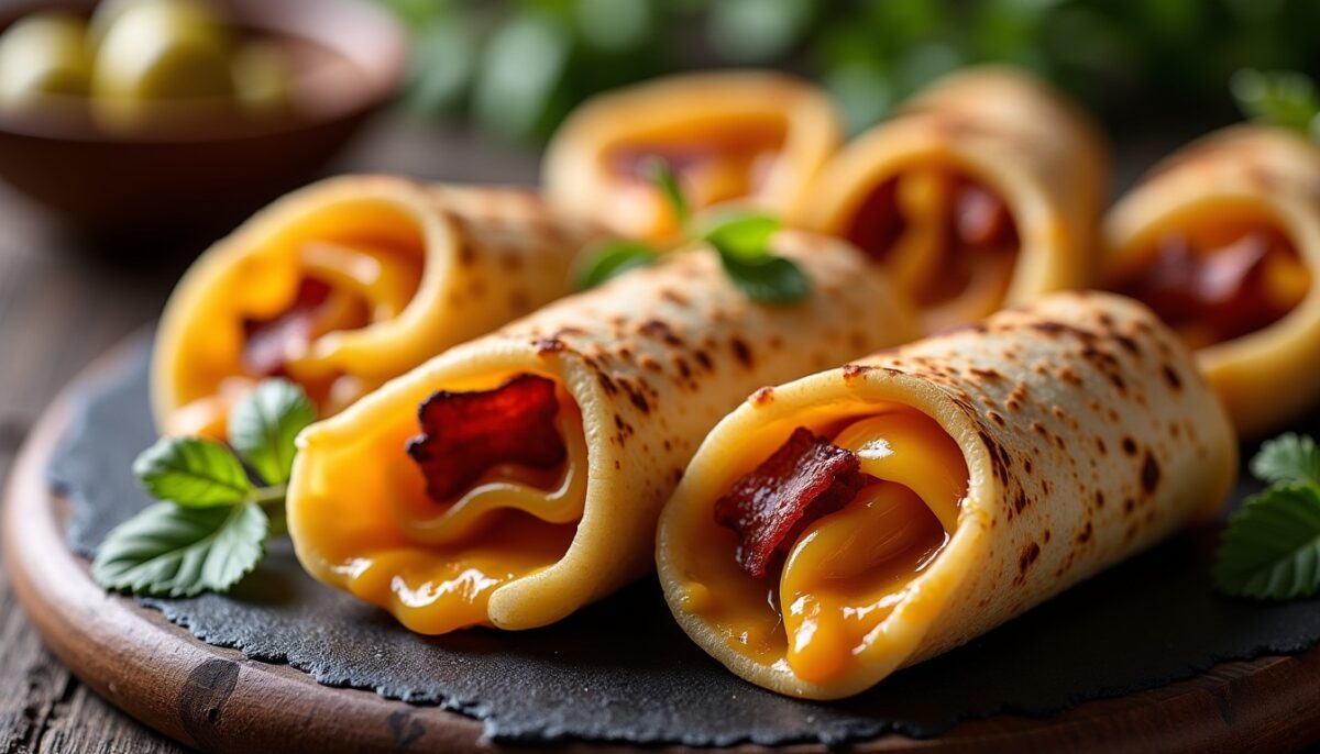 Roulés de tortilla au cheddar et poitrine fumée pour l’apéro : cœur fondant, croustillant assuré