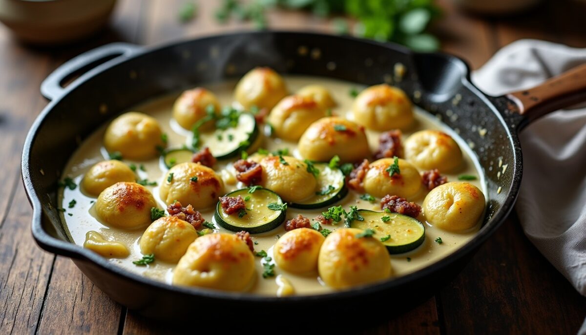 Gnocchis courgette-lardons à la poêle en 20 minutes : sauce vraiment crémeuse sans béchamel